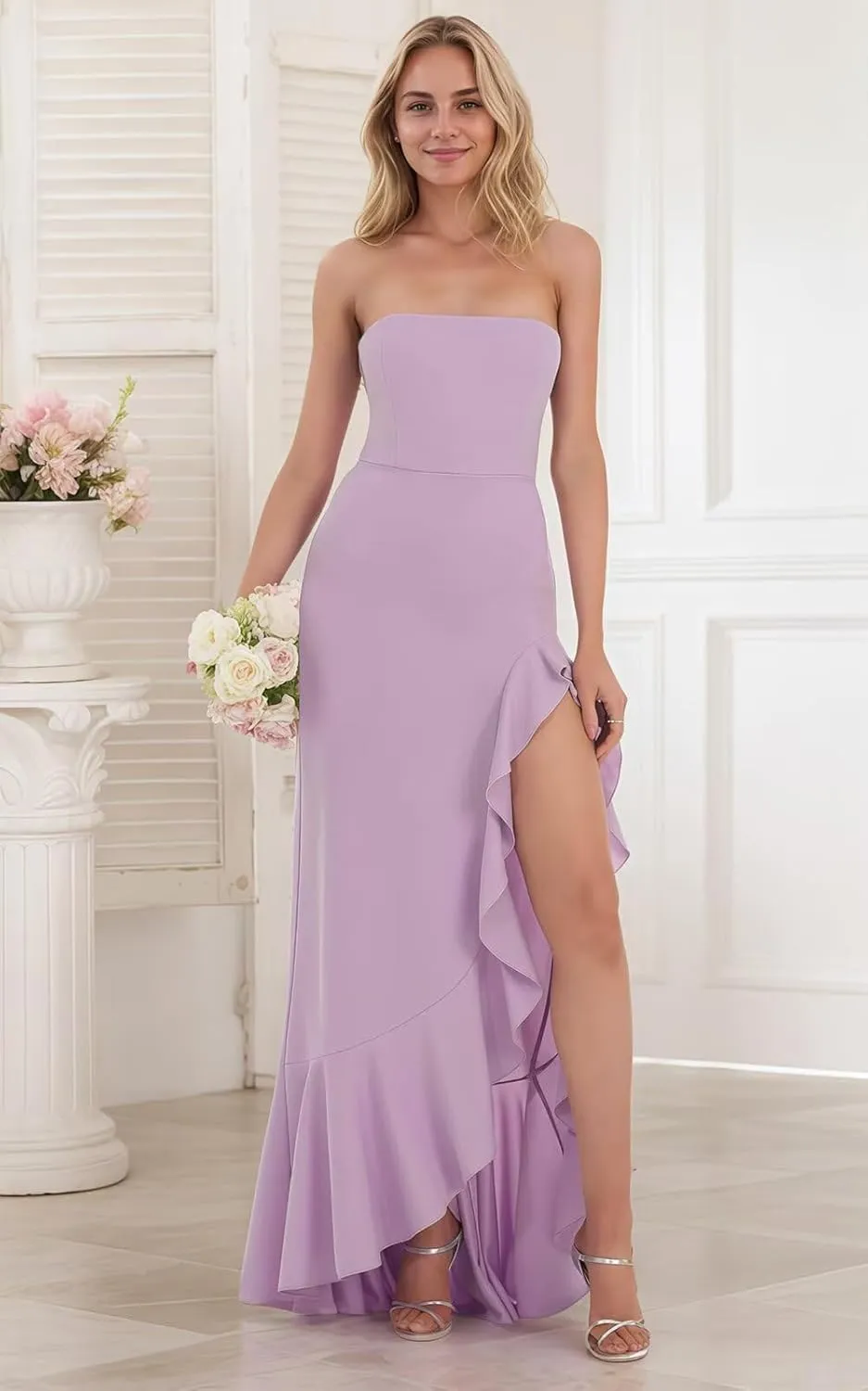 Xijun Strapless Chiffon Bridesmaid Dresses 2025 Long Prom Dress Bow Back Formal Evening Party Gowns with Slit