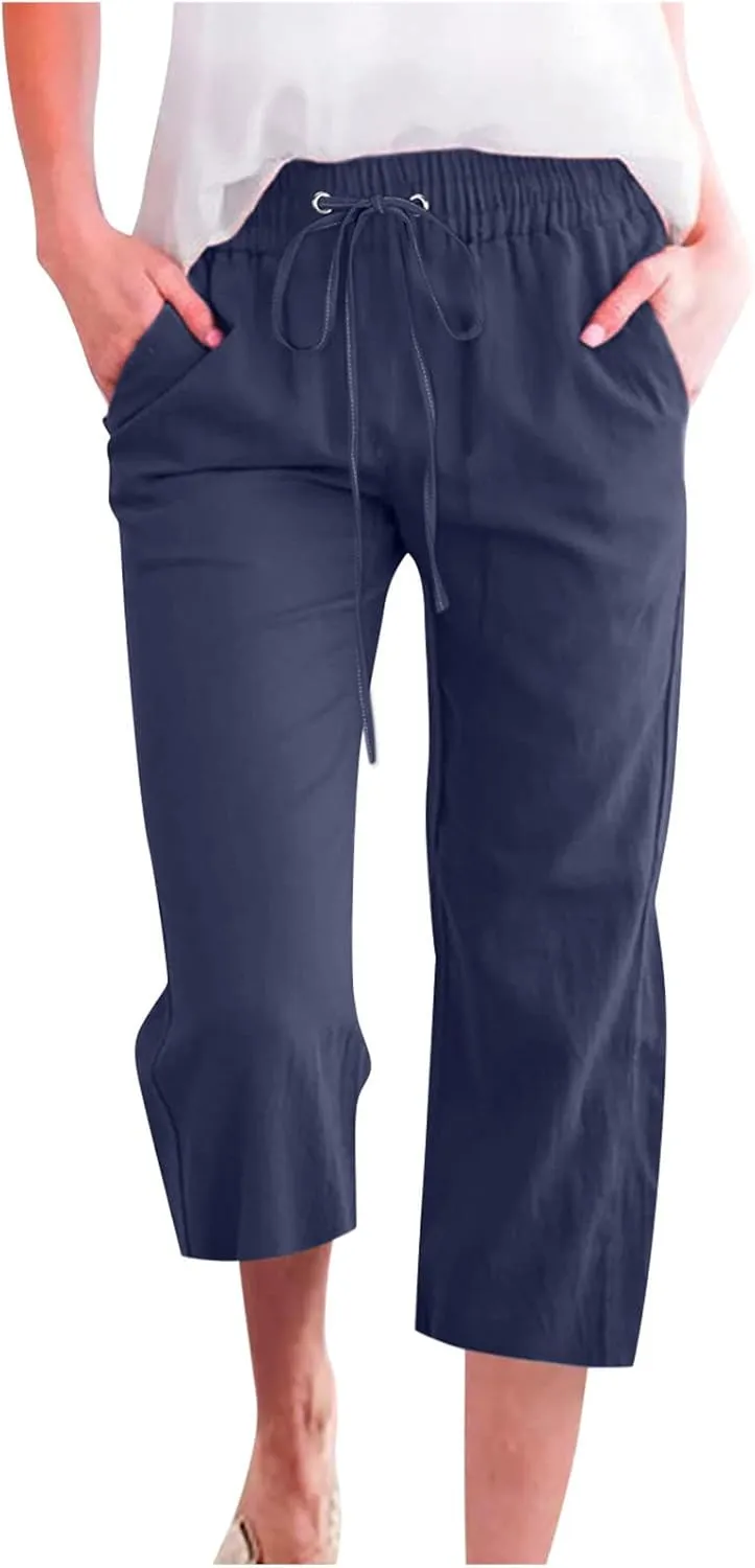 yardsong Capri Pants for Women Cotton Linen Casual Summer Pants Plus Size Drawstring Elastic Waist Capris with Pockets