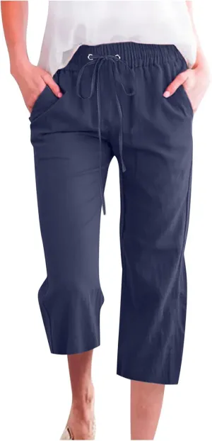 yardsong Capri Pants for Women Cotton Linen Casual Summer Pants Plus Size Drawstring Elastic Waist Capris with Pockets