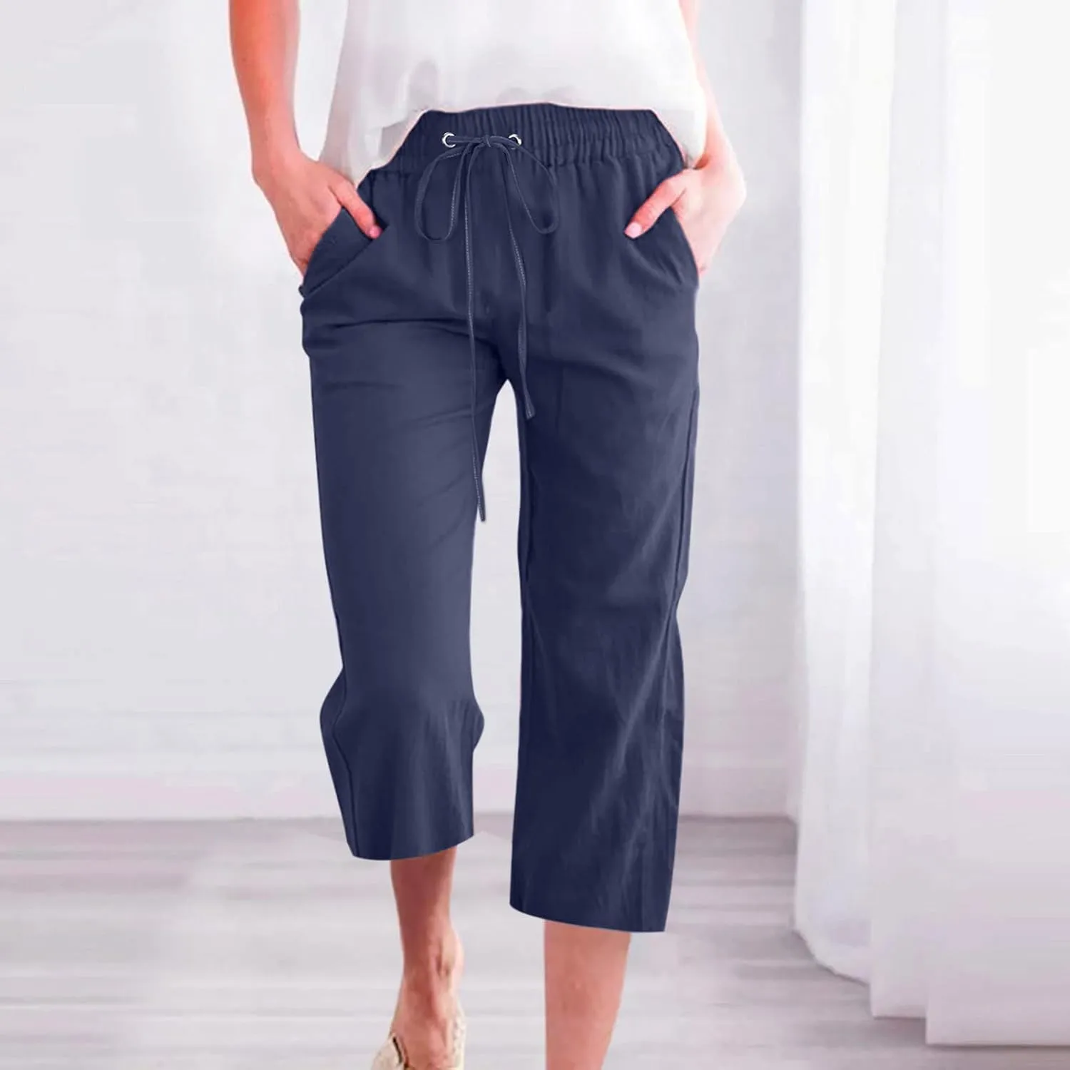 yardsong Capri Pants for Women Cotton Linen Casual Summer Pants Plus Size Drawstring Elastic Waist Capris with Pockets
