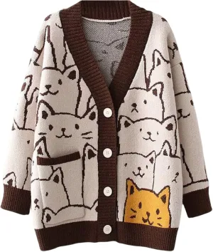 Yimoon Women's Kawaii Cat Cardigan Sweater Oversized V-Neck Button Down Knitted Loose Fit Cardigans