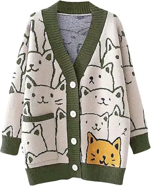 Yimoon Women's Kawaii Cat Cardigan Sweater Oversized V-Neck Button Down Knitted Loose Fit Cardigans