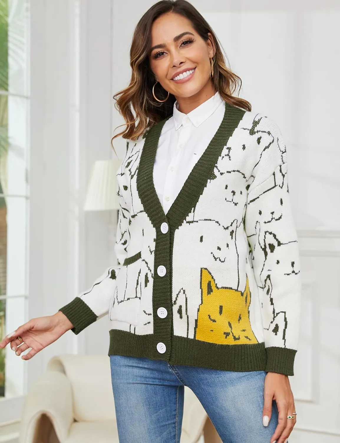 Yimoon Women's Kawaii Cat Cardigan Sweater Oversized V-Neck Button Down Knitted Loose Fit Cardigans