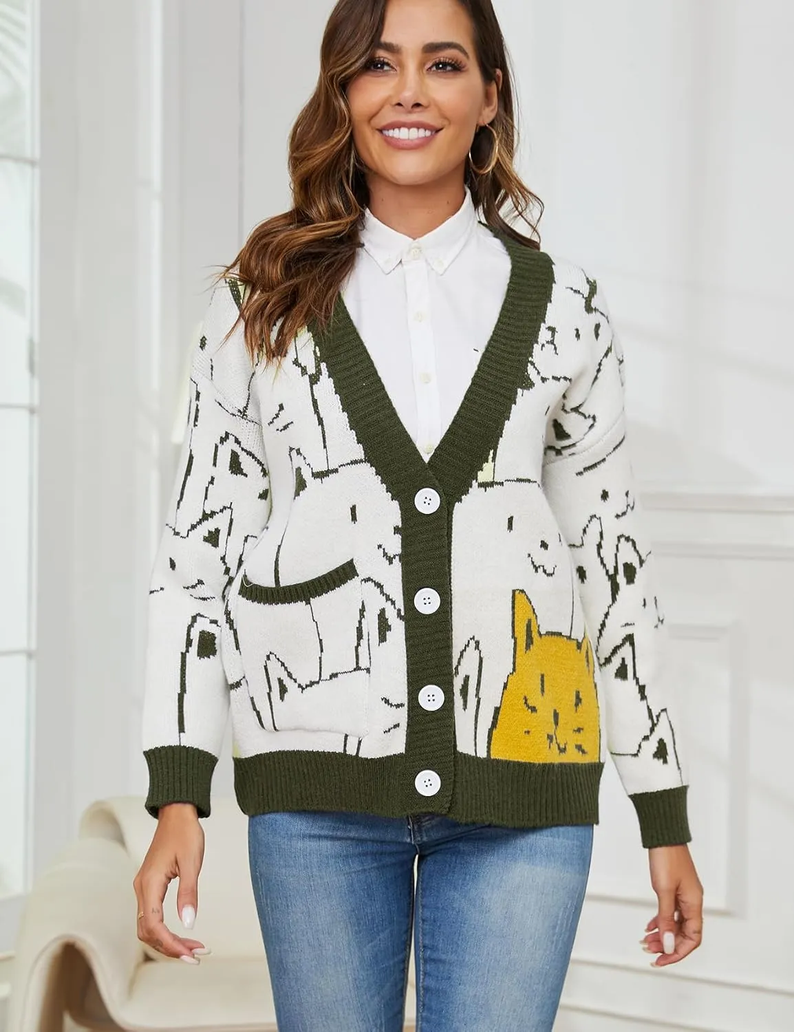Yimoon Women's Kawaii Cat Cardigan Sweater Oversized V-Neck Button Down Knitted Loose Fit Cardigans