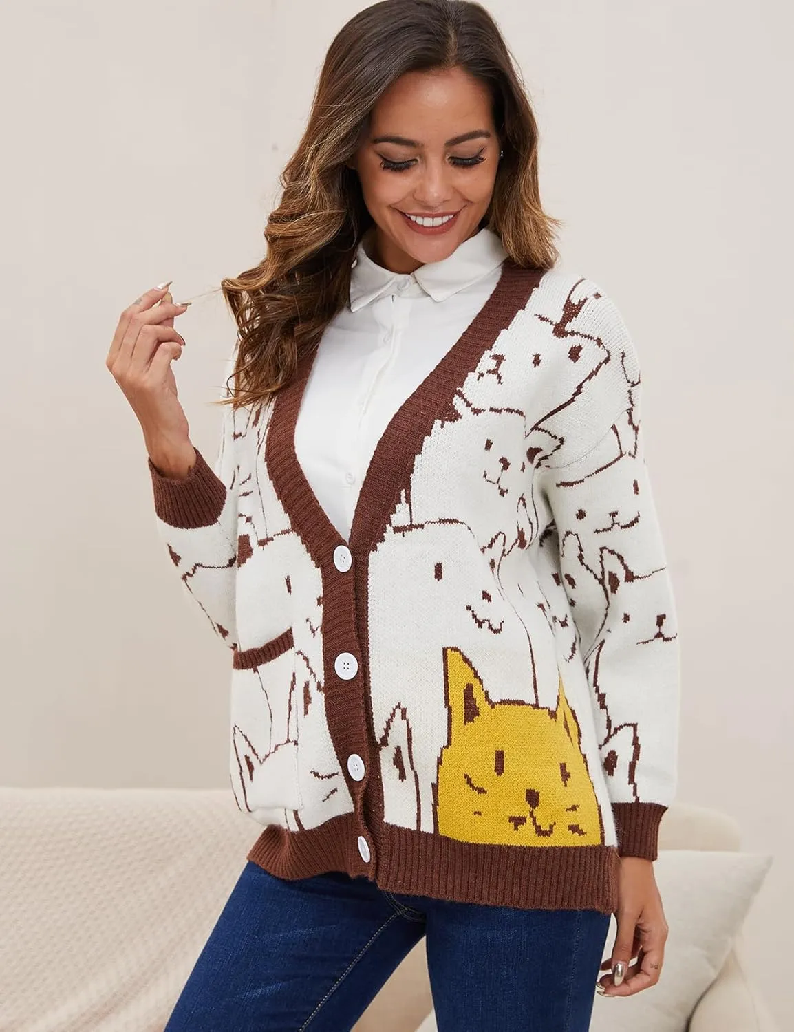 Yimoon Women's Kawaii Cat Cardigan Sweater Oversized V-Neck Button Down Knitted Loose Fit Cardigans