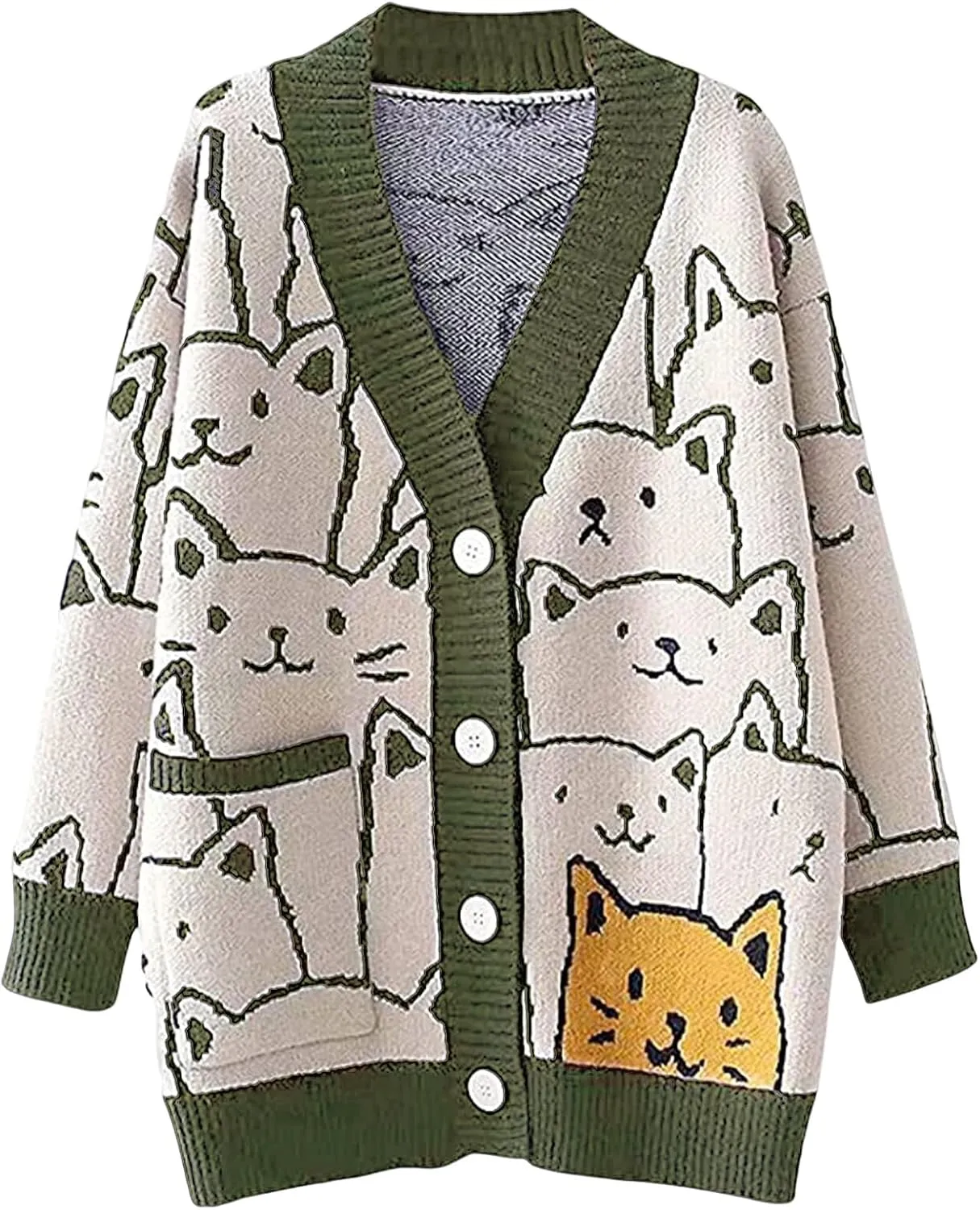 Yimoon Women's Kawaii Cat Cardigan Sweater Oversized V-Neck Button Down Knitted Loose Fit Cardigans