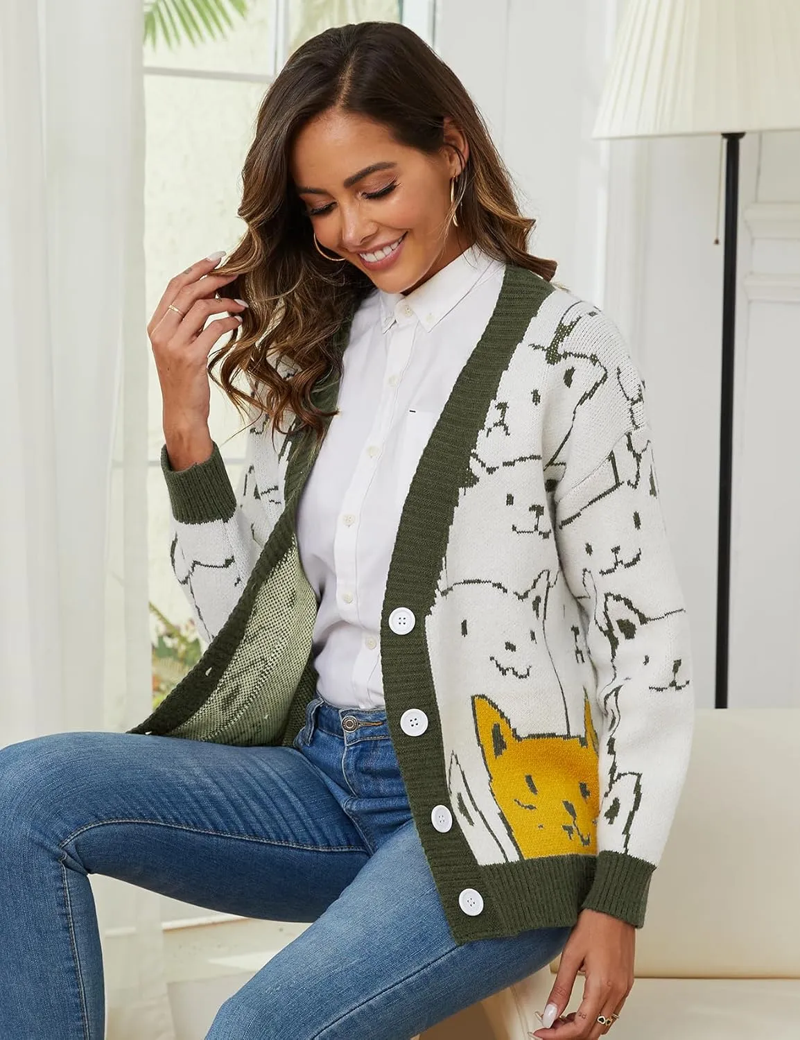 Yimoon Women's Kawaii Cat Cardigan Sweater Oversized V-Neck Button Down Knitted Loose Fit Cardigans