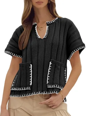 Yousify Womens 2025 Cap Sleeve Sweater Tops Color Constrast Textured Lightweight Pullover Sweaters Summer Clothes