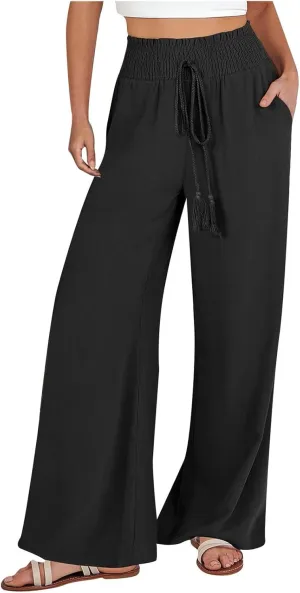 YRAETENM Linen Pants Women Boho Wide Leg High Waisted Palazzo Pants Casual Flowy Drawstring Long Lounge Trousers with Pockets