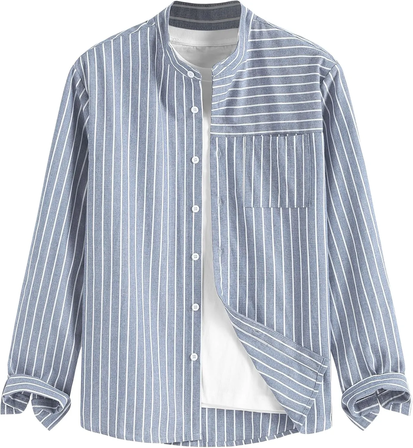 ZAFUL Men's Casual Button-Down Shirts Long Sleeve Striped Cuban Guayabera Banded Collar with Pocket All-Day Shirt Tops