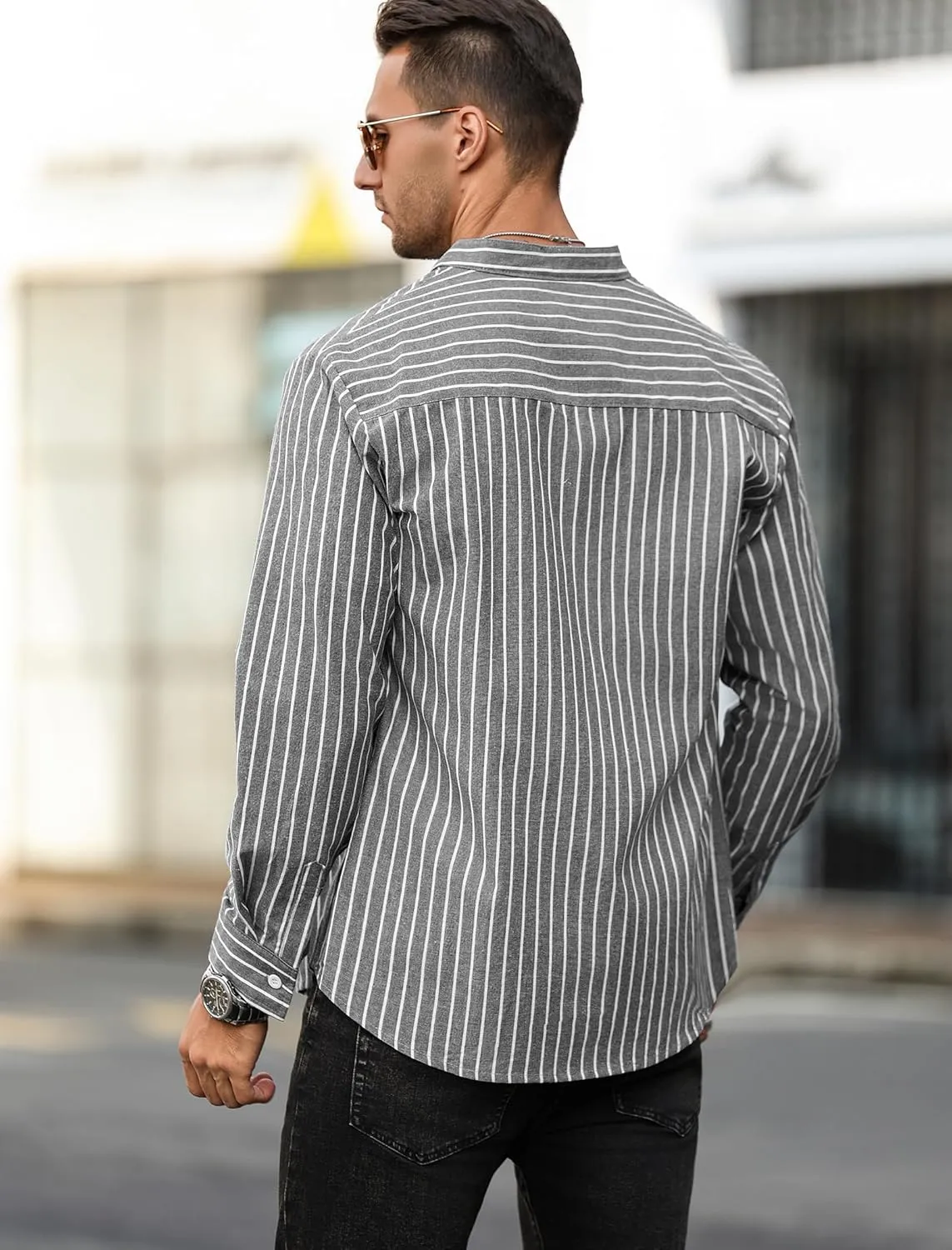 ZAFUL Men's Casual Button-Down Shirts Long Sleeve Striped Cuban Guayabera Banded Collar with Pocket All-Day Shirt Tops