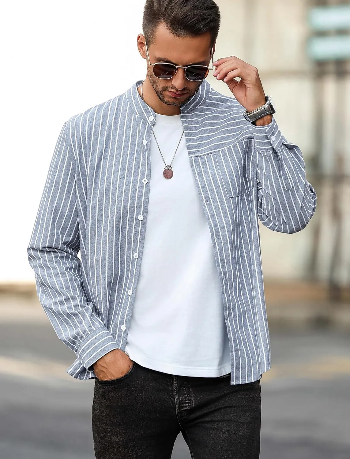 ZAFUL Men's Casual Button-Down Shirts Long Sleeve Striped Cuban Guayabera Banded Collar with Pocket All-Day Shirt Tops