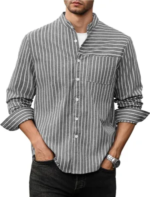 ZAFUL Men's Casual Button-Down Shirts Long Sleeve Striped Cuban Guayabera Banded Collar with Pocket All-Day Shirt Tops