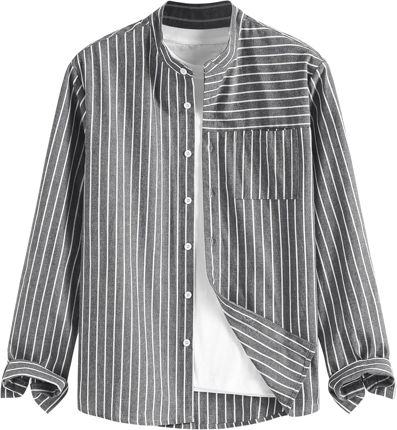 ZAFUL Men's Casual Button-Down Shirts Long Sleeve Striped Cuban Guayabera Banded Collar with Pocket All-Day Shirt Tops