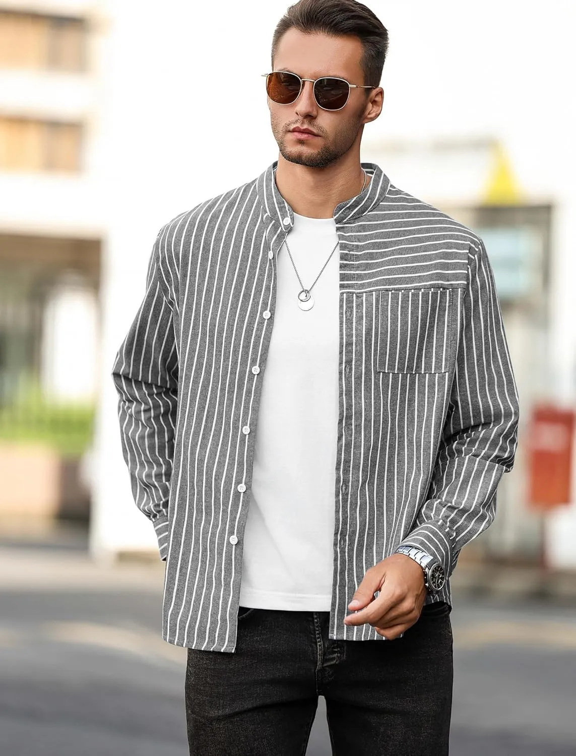 ZAFUL Men's Casual Button-Down Shirts Long Sleeve Striped Cuban Guayabera Banded Collar with Pocket All-Day Shirt Tops