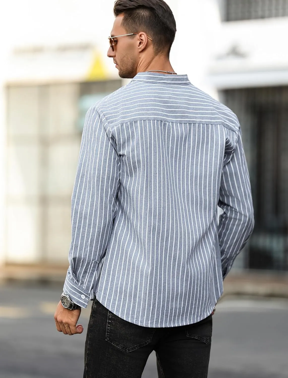 ZAFUL Men's Casual Button-Down Shirts Long Sleeve Striped Cuban Guayabera Banded Collar with Pocket All-Day Shirt Tops