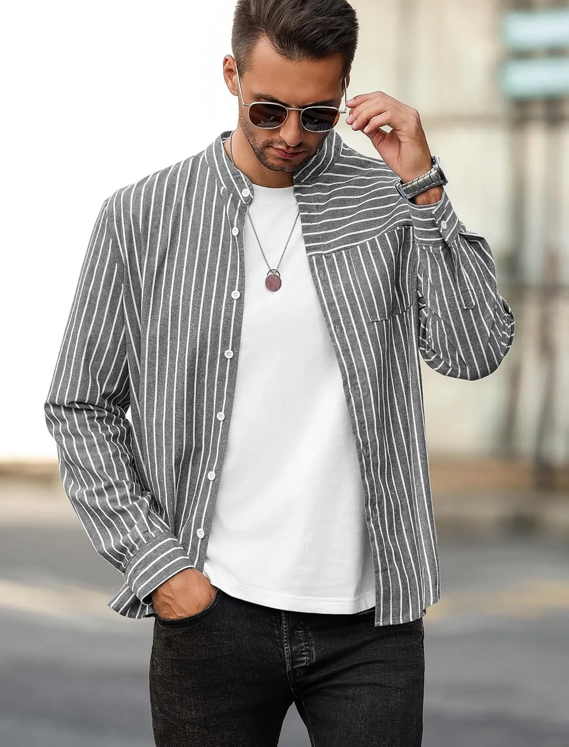 ZAFUL Men's Casual Button-Down Shirts Long Sleeve Striped Cuban Guayabera Banded Collar with Pocket All-Day Shirt Tops