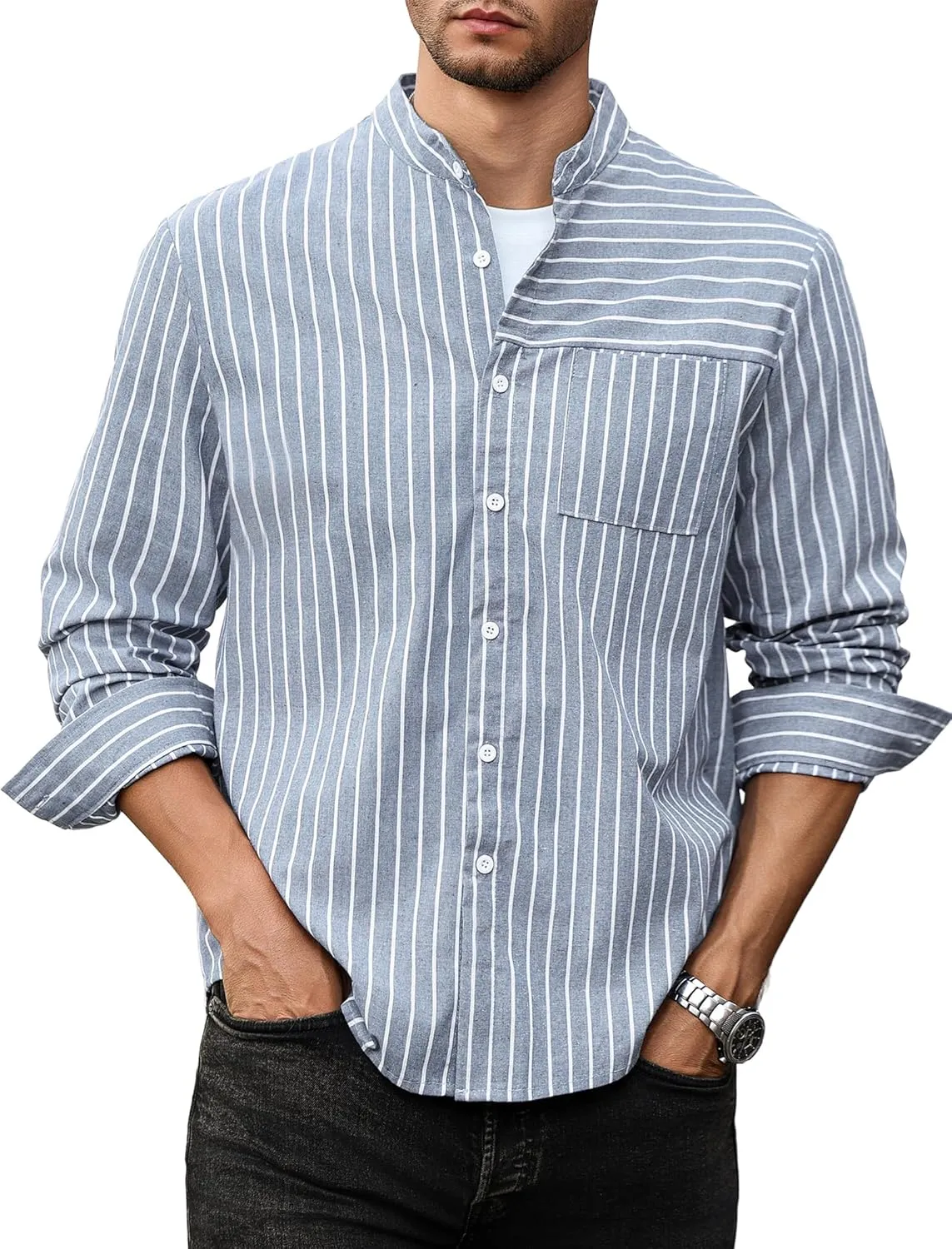 ZAFUL Men's Casual Button-Down Shirts Long Sleeve Striped Cuban Guayabera Banded Collar with Pocket All-Day Shirt Tops