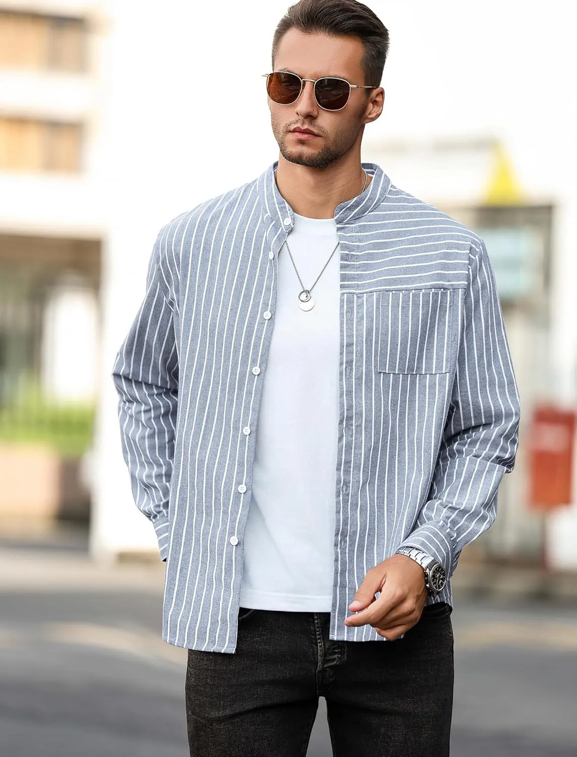 ZAFUL Men's Casual Button-Down Shirts Long Sleeve Striped Cuban Guayabera Banded Collar with Pocket All-Day Shirt Tops