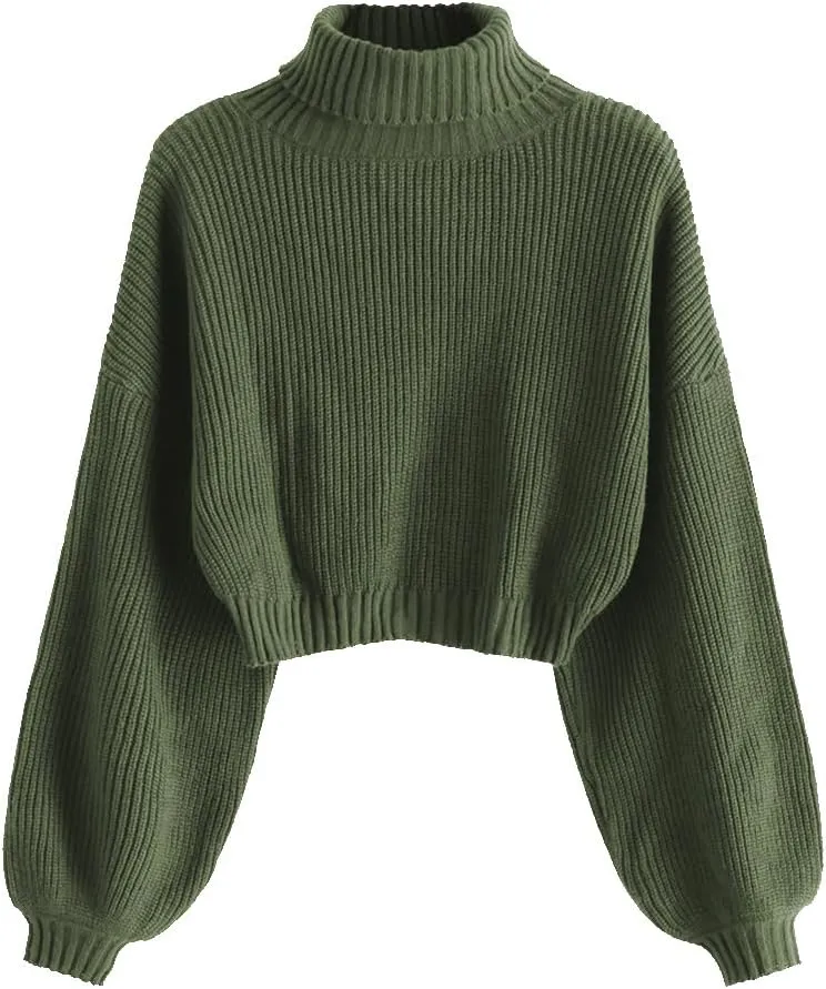 ZAFUL Women's Crew Neck Long Sleeve Pullover Crop Sweater Mock Neck Lantern Sleeve Ribbed Knit Cropped Sweater