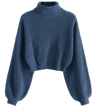 ZAFUL Women's Crew Neck Long Sleeve Pullover Crop Sweater Mock Neck Lantern Sleeve Ribbed Knit Cropped Sweater