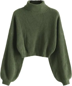 ZAFUL Women's Crew Neck Long Sleeve Pullover Crop Sweater Mock Neck Lantern Sleeve Ribbed Knit Cropped Sweater