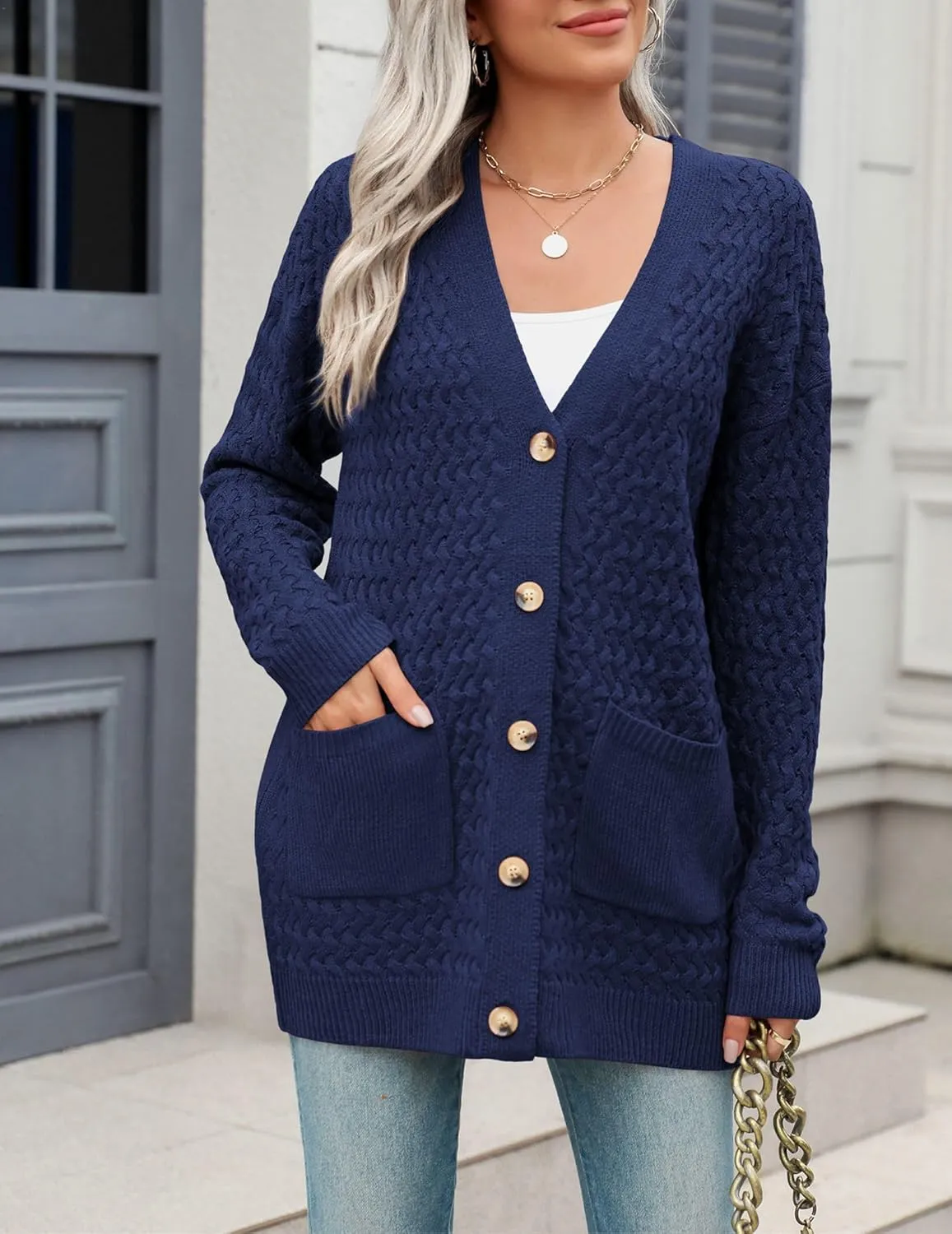 Zeagoo Womens 2025 Long Sleeve Chunky Cable Knit Fall Cardigans Sweaters Button Down Open Front Outerwear with Pockets