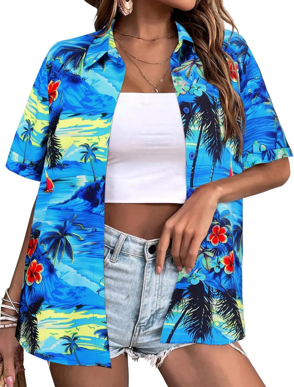 Zeagoo Womens Hawaiian Button Down Shirts Short Sleeve Casual Floral Tropical Shirt Summer Beach Shirt Cool Button Up Tops