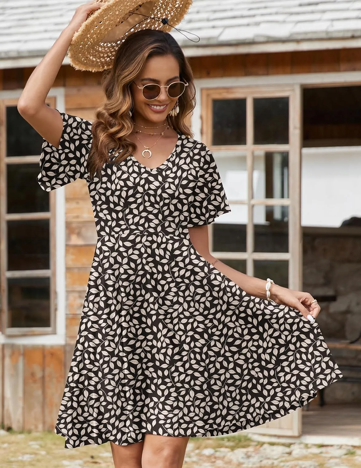 Zeagoo Womens Summer Dress Casual Swing Floral Ruffle Short Sleeve Sundresses Beach Mini A-line Shift Dress 2025 with Pockets