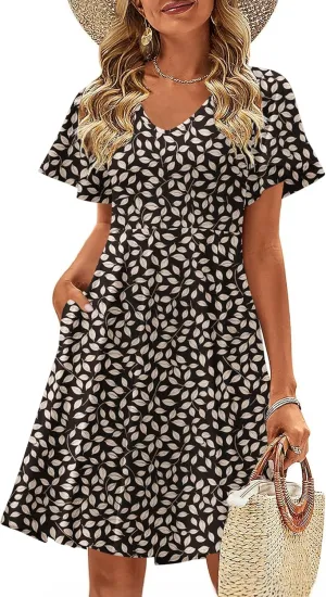 Zeagoo Womens Summer Dress Casual Swing Floral Ruffle Short Sleeve Sundresses Beach Mini A-line Shift Dress 2025 with Pockets