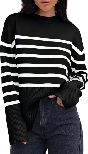 ZESICA Women's Fall Winter Striped Long Sleeve Crew Neck Ribbed Knit Side Slit Oversized Pullover Sweater Jumper Top