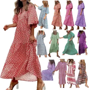 ZYXTIM Boho Dresses for Women 2025 V Neck Floral Puff Short Sleeve Summer Dress Oversize Casual Beach Vacation Maxi Dress
