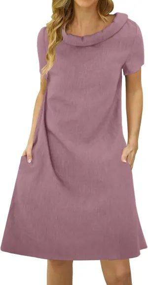 ZYXTIM Linen Dresses for Women 2025 Short Sleeve Lightweight Casual Summer Dress Plus Size Loose Boho Beach Going Out Outfits