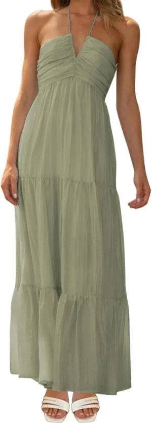 ZYXTIM Women's 2024 Summer Halter Smocked Midi Dress V Neck Ruffle Tiered Swing Flowy Beach Sundress Boho Long Floral Dress